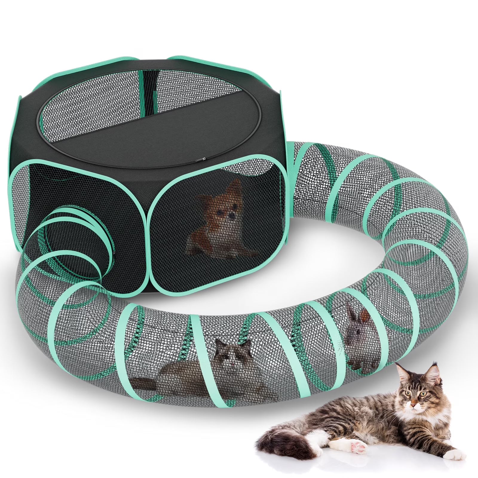 HUTACT 3-in-1 Pet Playpen with Tunnel for Cats Rabbits, 47" Portable Pet Playpen for Indoor/Outdoor Travel, Breathable Foldable Small Dog Pet Playpen with Carrying Case