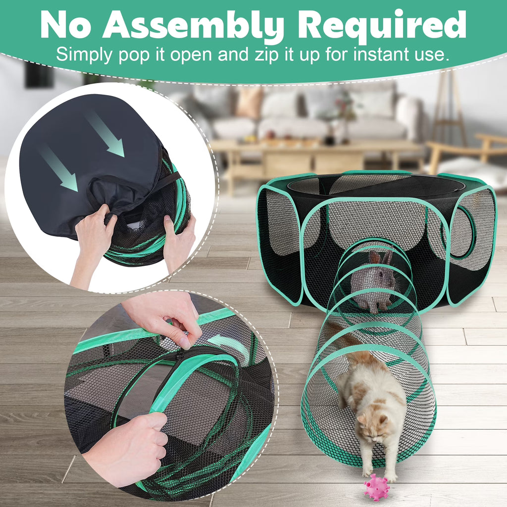 HUTACT 3-in-1 Pet Playpen with Tunnel for Cats Rabbits, 47" Portable Pet Playpen for Indoor/Outdoor Travel, Breathable Foldable Small Dog Pet Playpen with Carrying Case