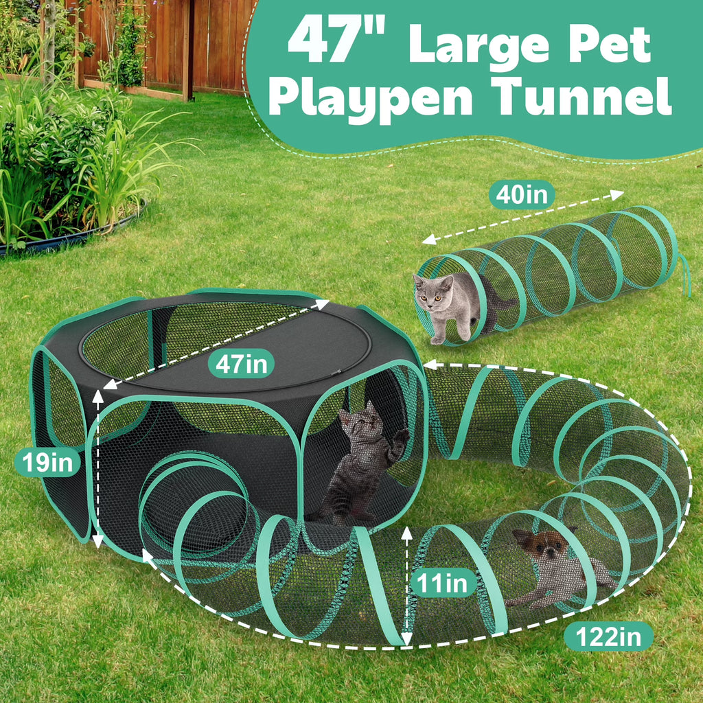 HUTACT 3-in-1 Pet Playpen with Tunnel for Cats Rabbits, 47" Portable Pet Playpen for Indoor/Outdoor Travel, Breathable Foldable Small Dog Pet Playpen with Carrying Case