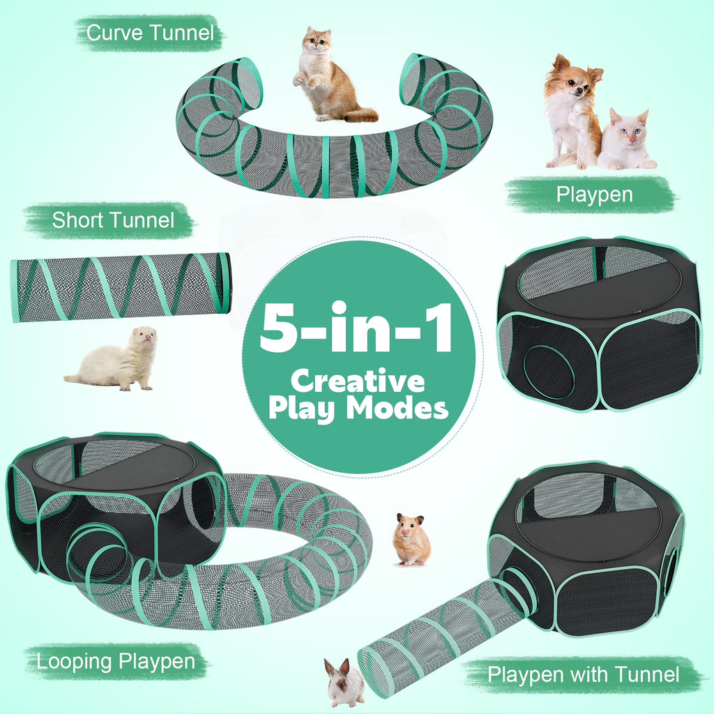 HUTACT 3-in-1 Pet Playpen with Tunnel for Cats Rabbits, 47" Portable Pet Playpen for Indoor/Outdoor Travel, Breathable Foldable Small Dog Pet Playpen with Carrying Case