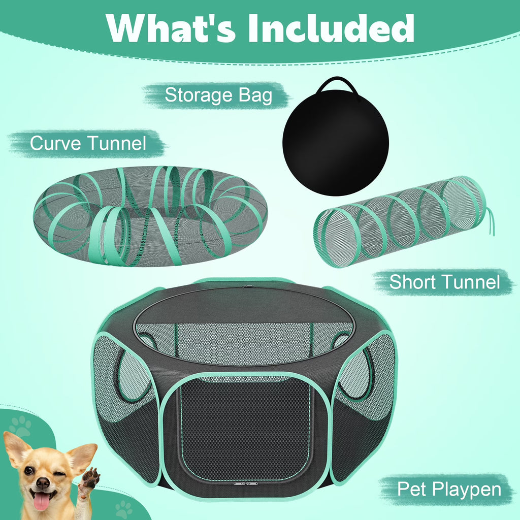 HUTACT 3-in-1 Pet Playpen with Tunnel for Cats Rabbits, 47" Portable Pet Playpen for Indoor/Outdoor Travel, Breathable Foldable Small Dog Pet Playpen with Carrying Case