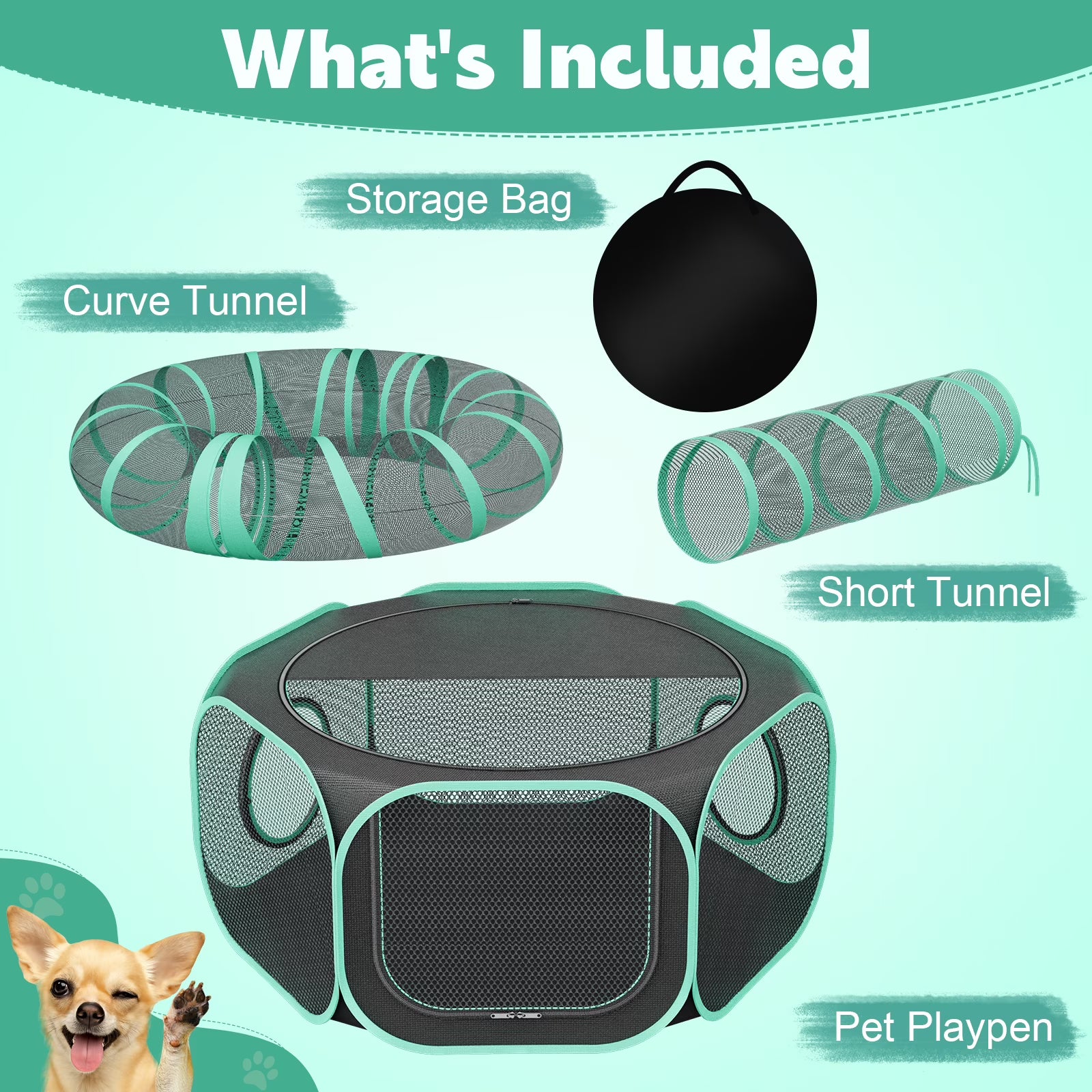 HUTACT 3-in-1 Pet Playpen with Tunnel for Cats Rabbits, 47" Portable Pet Playpen for Indoor/Outdoor Travel, Breathable Foldable Small Dog Pet Playpen with Carrying Case