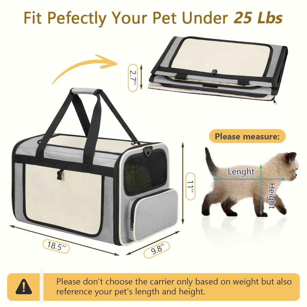 CshidWorld TSA Airline Approved Collapsible Cat Carrier for Large Cats and Small Dogs up to 25lbs, Soft-Sided Travel Dog Carrier (Beige-gary)