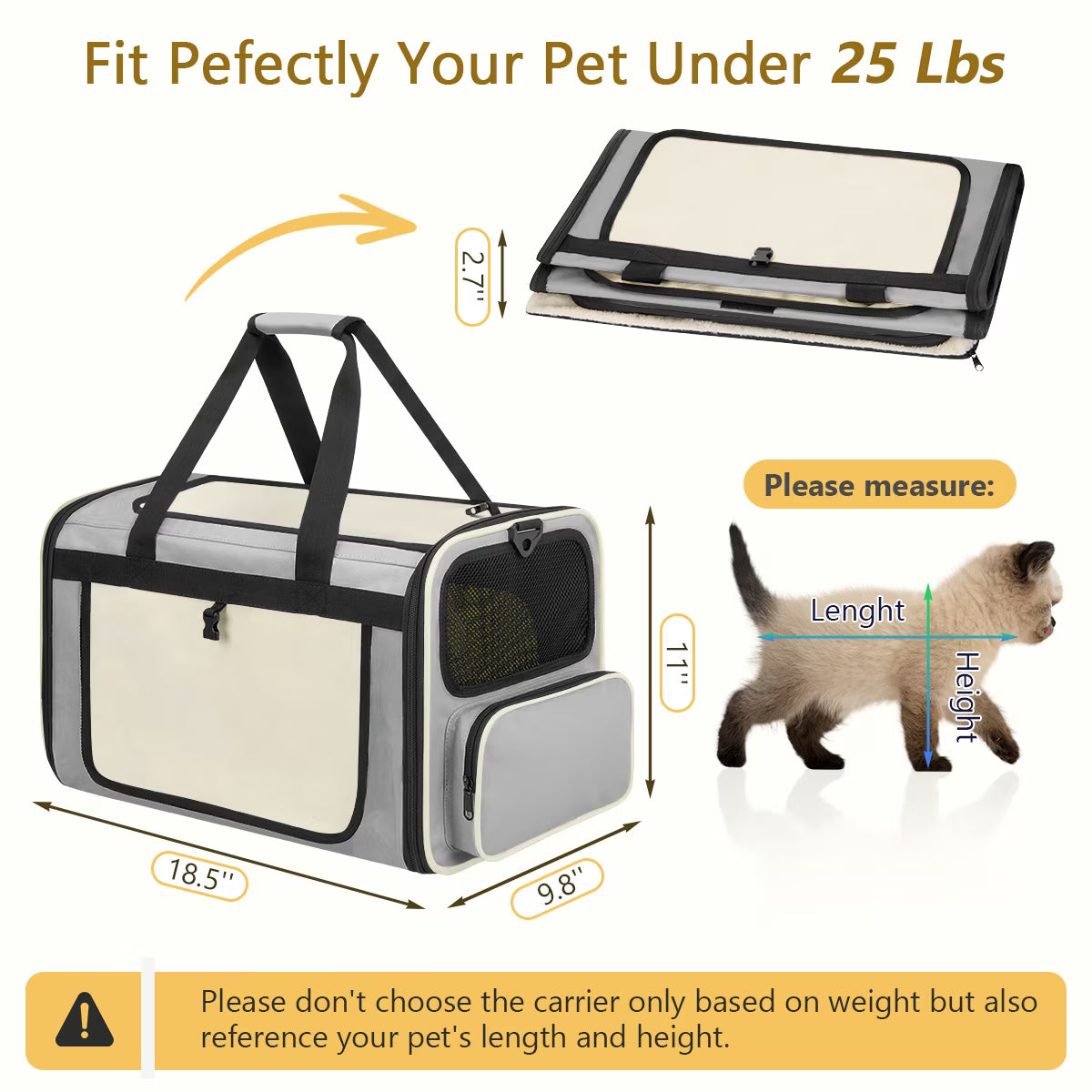 CshidWorld TSA Airline Approved Collapsible Cat Carrier for Large Cats and Small Dogs up to 25lbs, Soft-Sided Travel Dog Carrier (Beige-gary)