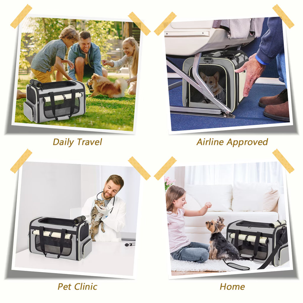 CshidWorld TSA Airline Approved Collapsible Cat Carrier for Large Cats and Small Dogs up to 25lbs, Soft-Sided Travel Dog Carrier (Beige-gary)