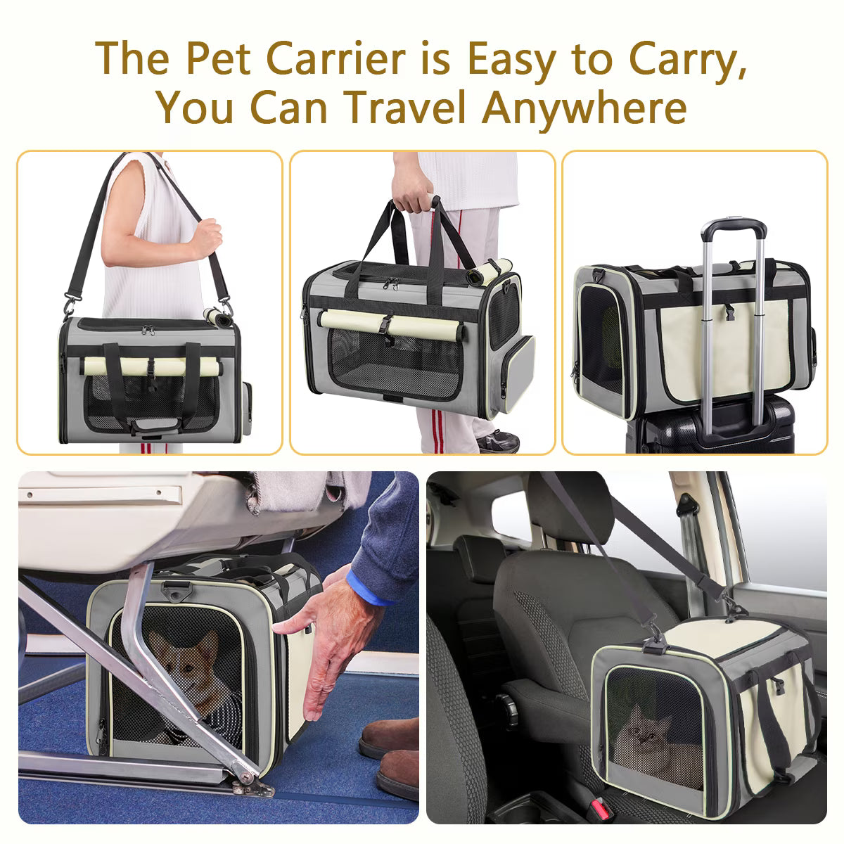 CshidWorld TSA Airline Approved Collapsible Cat Carrier for Large Cats and Small Dogs up to 25lbs, Soft-Sided Travel Dog Carrier (Beige-gary)