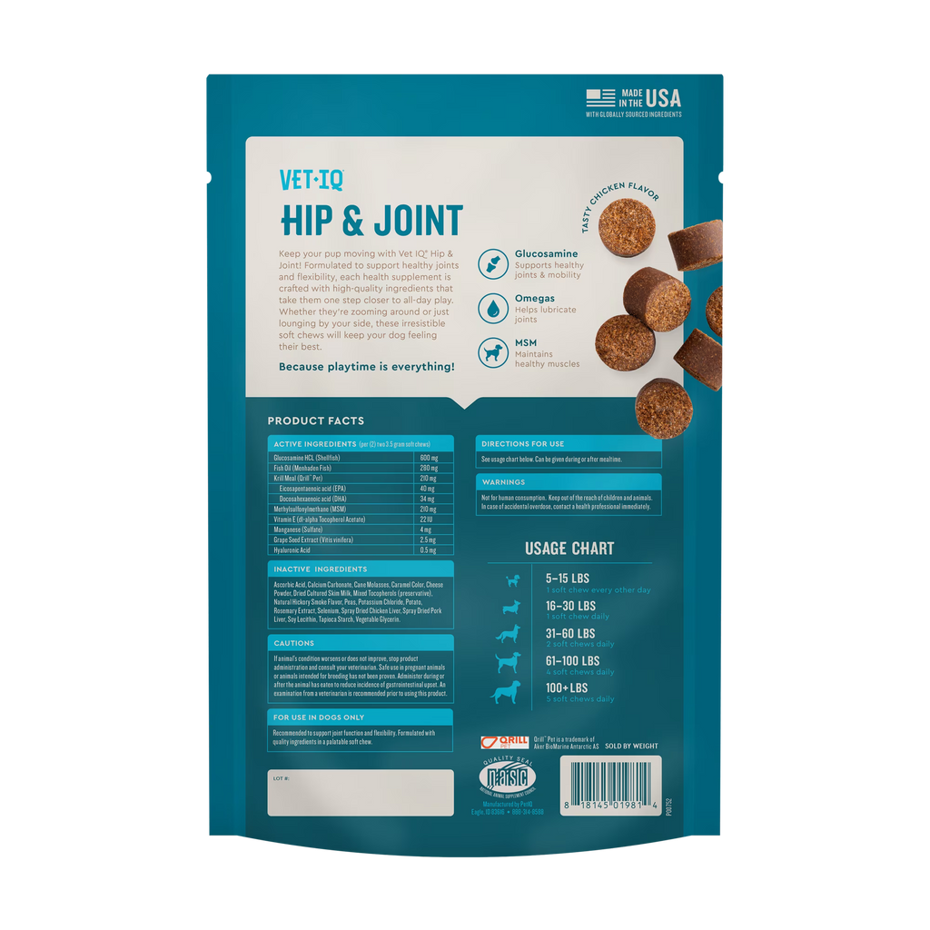 VetIQ Hip & Joint Supplement for Dogs, Chicken Flavored Soft Chews, 7.4 oz, 60 Count
