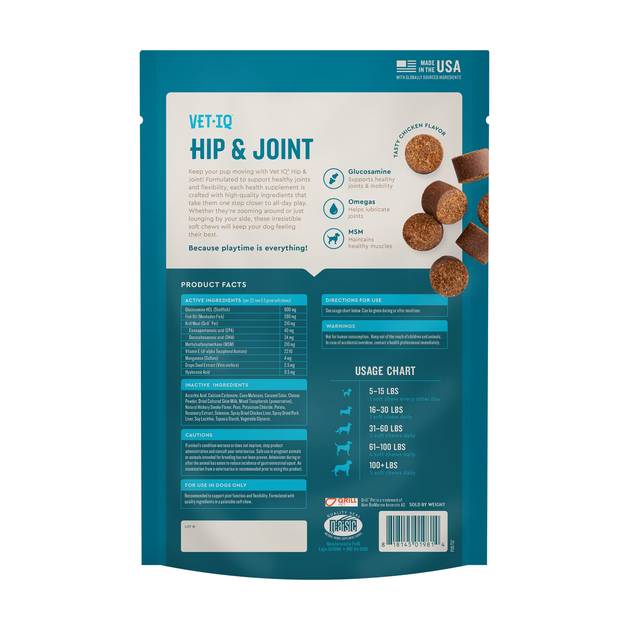 VetIQ Hip & Joint Supplement for Dogs, Chicken Flavored Soft Chews, 7.4 oz, 60 Count