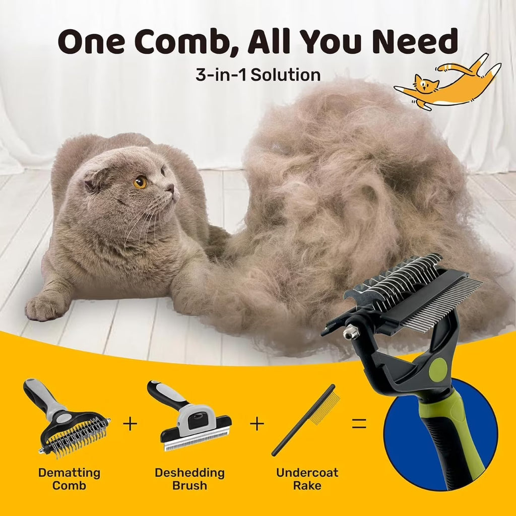 3-in-1 Pet Deshedding Tool - Undercoat Rake, Deshedding Brush, Dematting Comb for Dogs & Cats, Dog Brush for Shedding, Professional Grooming Brush for Double Coat, Long & Short Hair