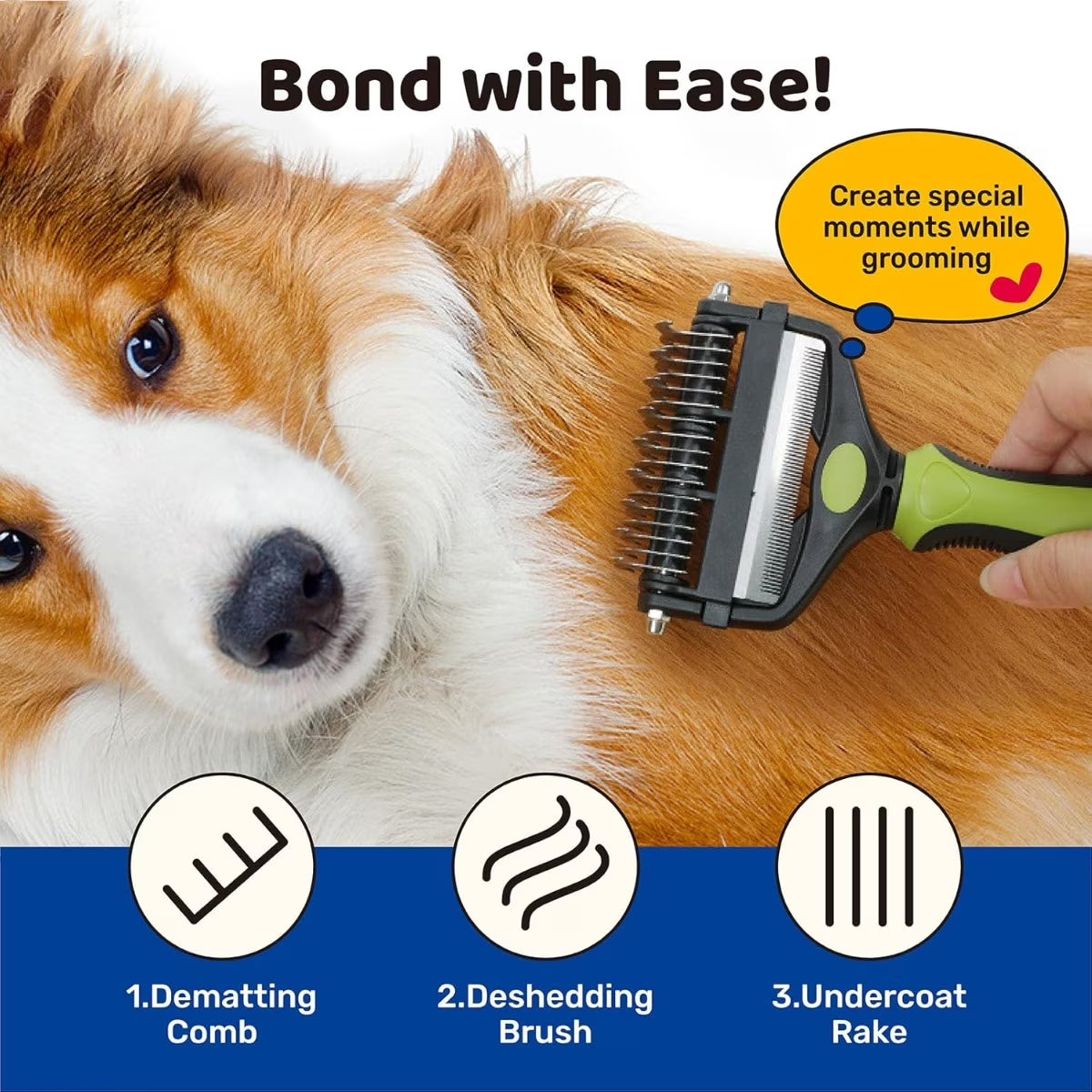 3-in-1 Pet Deshedding Tool - Undercoat Rake, Deshedding Brush, Dematting Comb for Dogs & Cats, Dog Brush for Shedding, Professional Grooming Brush for Double Coat, Long & Short Hair